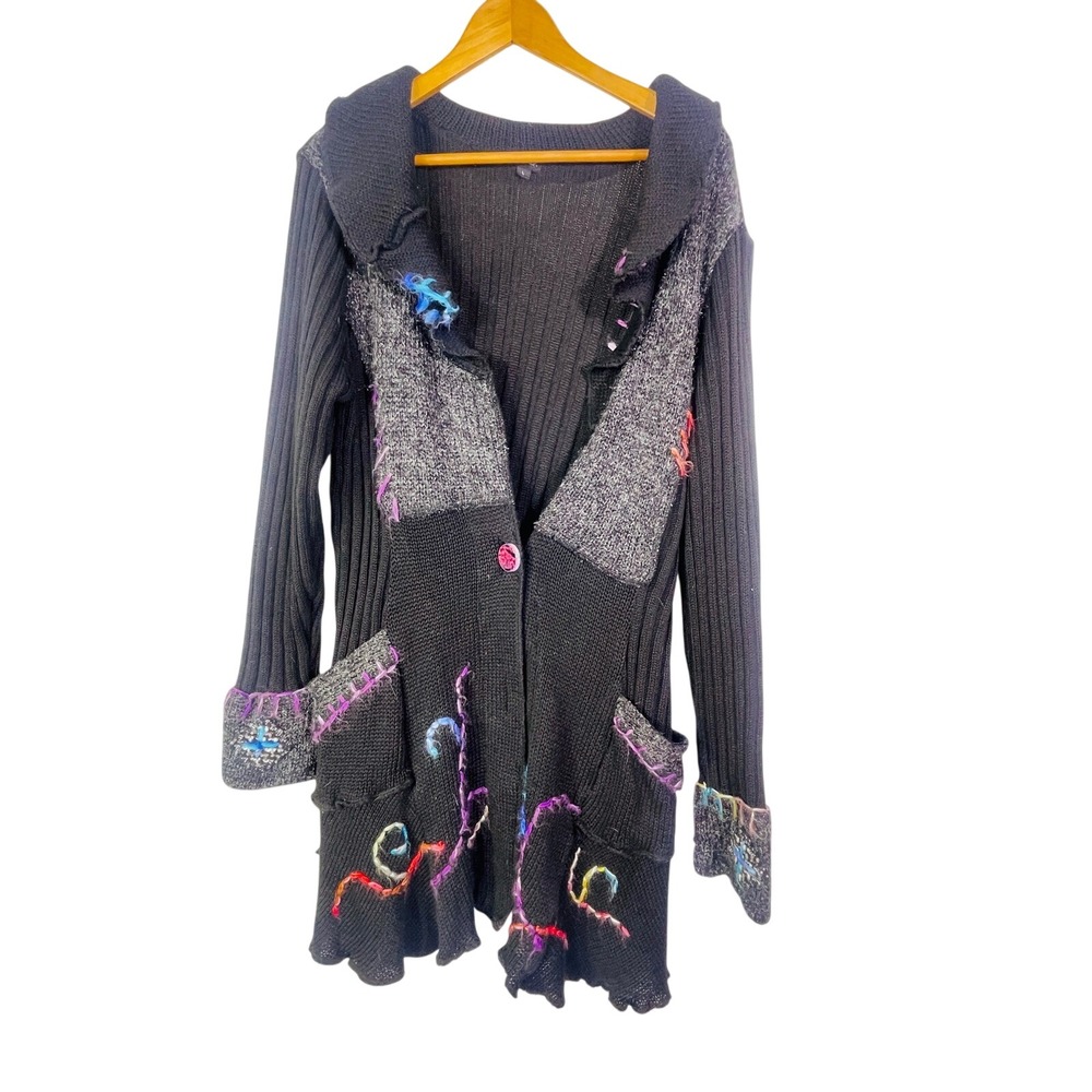 Fantazia Knit Cardigan Sweater Women's L Black Lagenlook Artcore Patchwork Boho